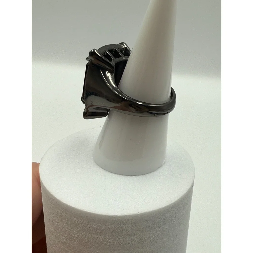 Gunmetal Purple Crystal Cocktail Ring Emerald Cut Statement Halo Size 7.5